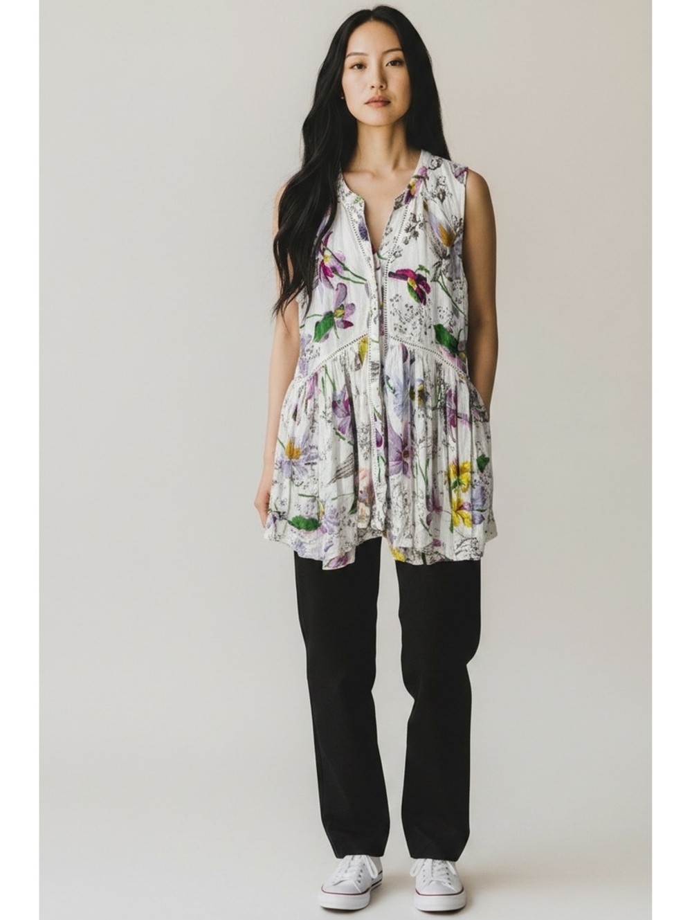 Anthropologie Sleeveless Floral Print Tunic Top, Size XS, White with Multicolor